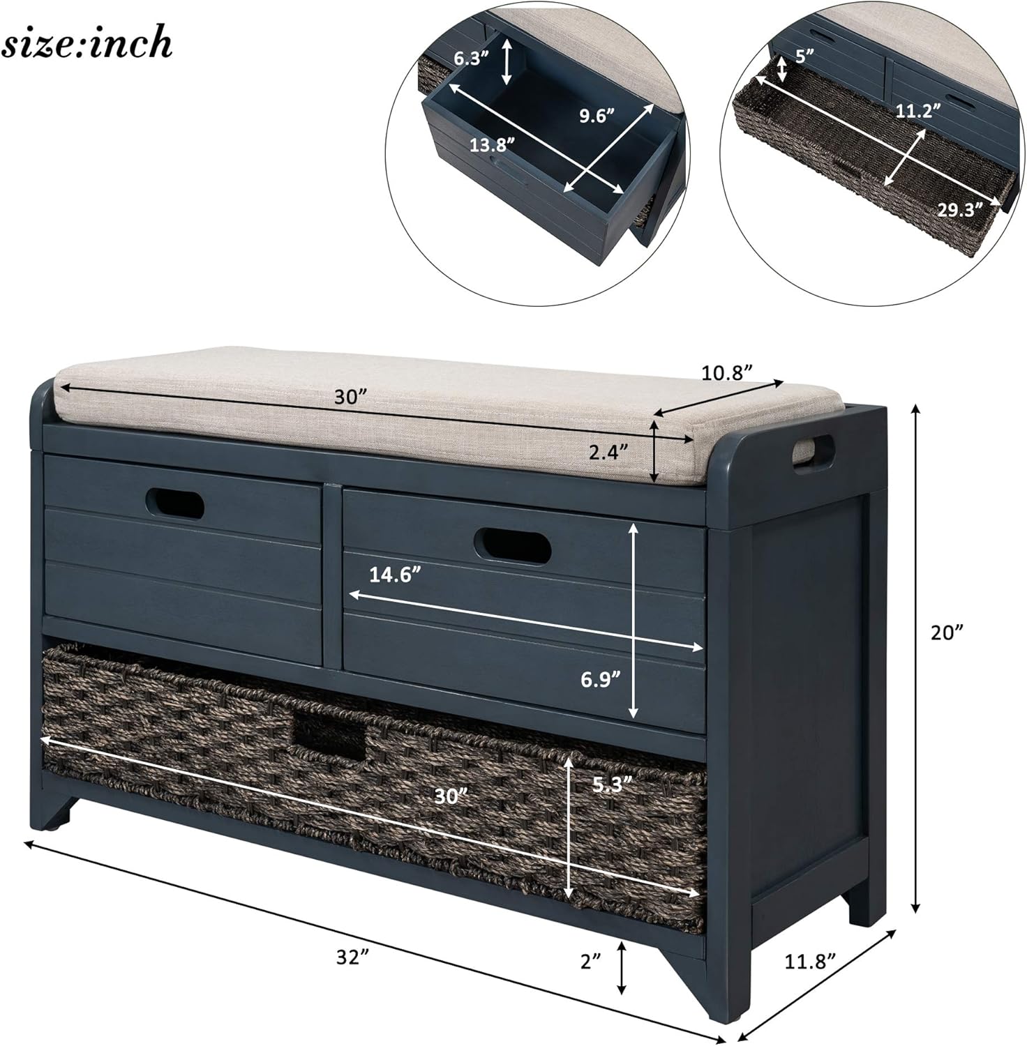 Storage Bench Removable Basket 2 Drawers Fully Assembled Acacia Wood Shoe Bench Standing Shoe Rack Removable Cushion for Living Room, Entrance Hallway, No Assembly Required Navy