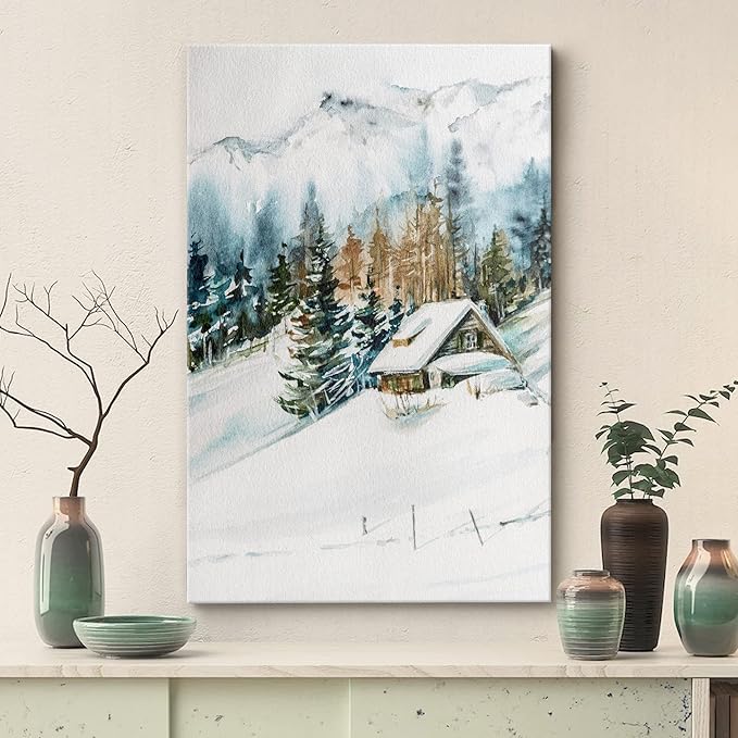 SIGNWIN Canvas Print Wall Art Woodland Nursery Decor Log Cabin Winter Snow Mountain Forest Nature Illustrations Modern Art Decorative Landscape Colorful for Living Room, Bedroom, Office - 12"x18"