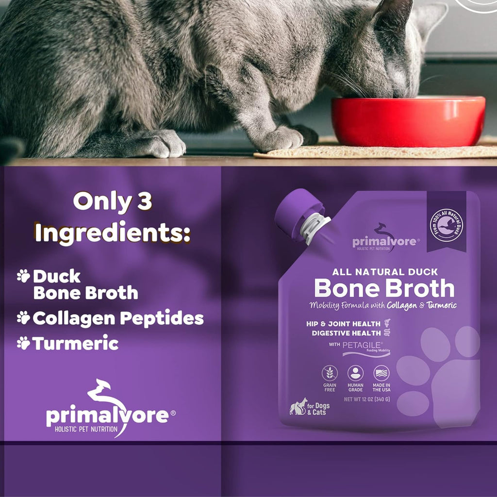 Primalvore All-Natural Duck Bone Broth for Dogs &Cats, Mobility Formula w/Collagen Peptides Supports Hip & Joints, Digestion, Skin&Coat and Hydration, Grain Free, Human Grade, Made in USA. Duck 2 Pack