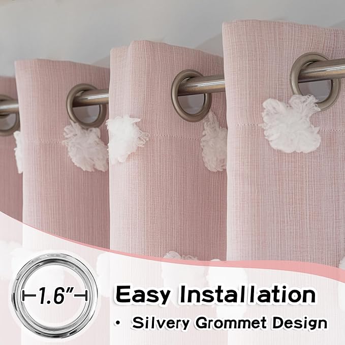 MYSKY HOME Light Blocking Pink Curtains for Living Room White Sheer Pom Pom Kids Room Decor Drapes 102 Inches Long Double Layer Curtain for Sliding Door Grommet Window Panels Set of 2 52" x 102"
