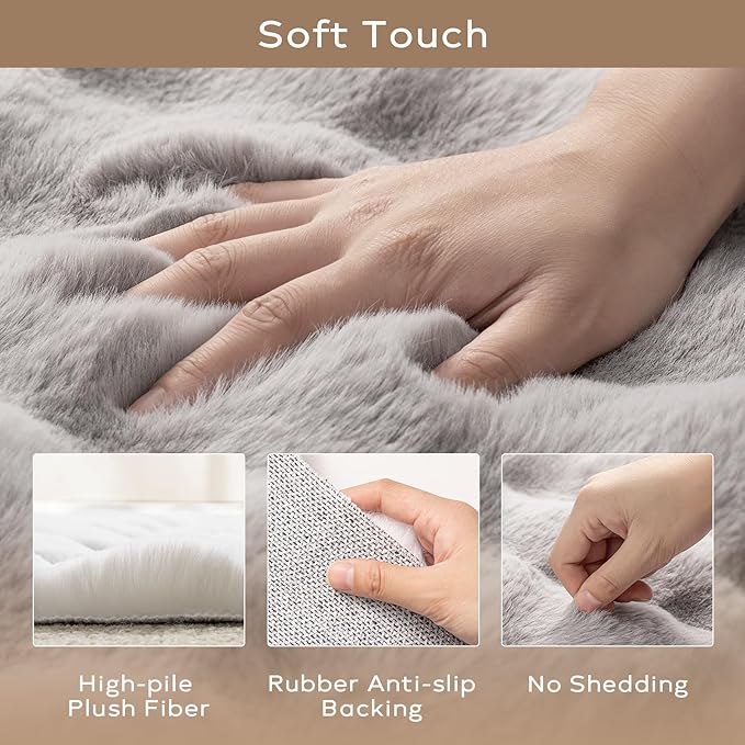 Ashler Faux Rabbit Fur Area Rug, Light Grey 4x6 FT Fluffy Soft, 3D Bubble Rectangle Fuzzy Carpet for Living Room, Bedroom, Machine Washable Shaggy Nursery Rug