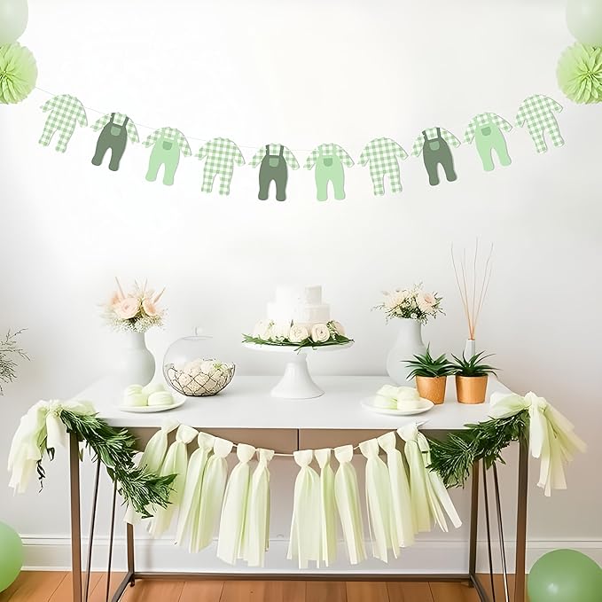 Sage Green Gingham Baby Onesie Garland Banner, Nursery Party Garland for Baby Shower Decorations