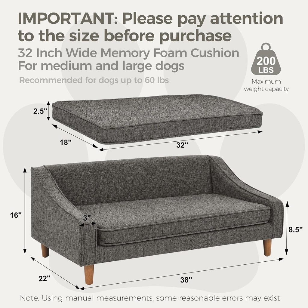 Dog Sofa Couch for Medium to Large Dogs, Durable Pet Sofa with Washable Fabric, Elevated Mini Dog Bed with Wooden Legs for Medium and Large Dogs, Dark Grey