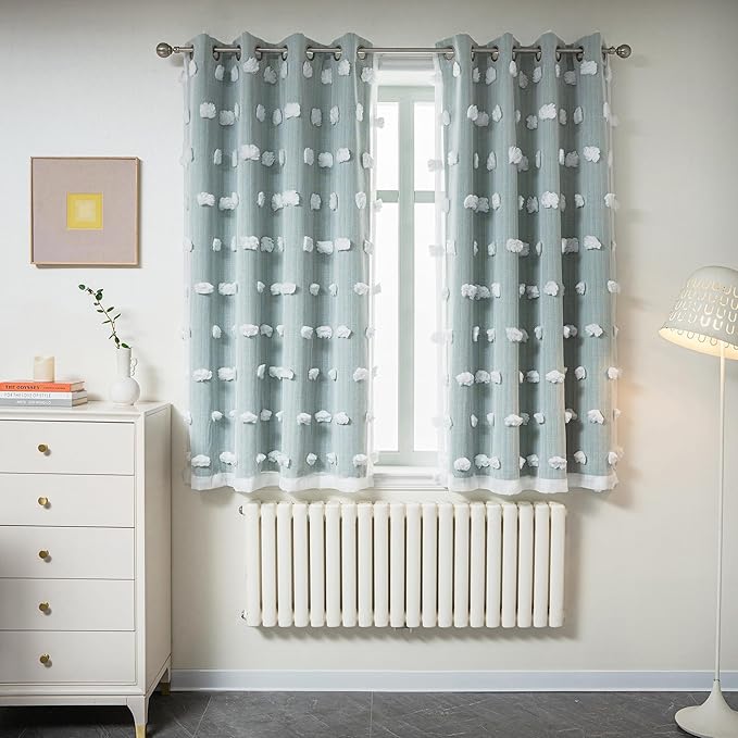 MYSKY HOME Kids Curtains for Boys Bedroom Room Darkening Grommet Double Layer Curtains for Son Room Decor 63 Inches Long White Pom Pom Sheer Blackout Curtains 2 Layers Aqua 52 x 63 Inch 2 Panels