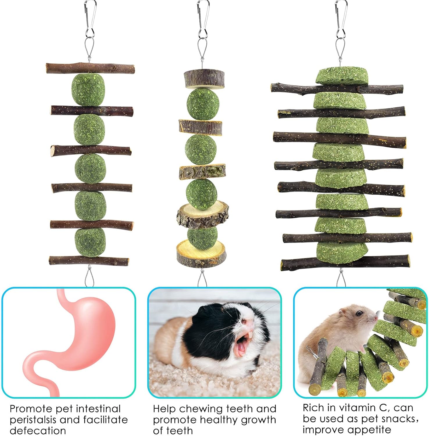 ERKOON Bunny Chew Toys, Rabbit Chew Toys for Teeth Grinding, Improve Dental Health, 100% Natural Apple Wood Timothy Grass Cake Treats for Rabbits Guinea Pigs Chinchillas Bunnies Hamsters (3 Pcs)