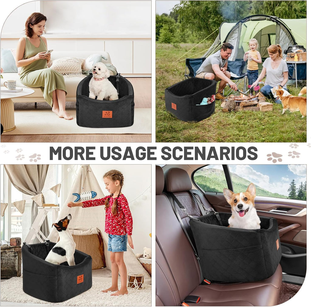 Dog Car Seat for Small Medium Dogs, Memory Foam Booster Car Seat for Dogs up to 35 lbs, Elevated Pet Car Seat, Travel Safety Bed with Washable Removable Cover and Storage Pockets(Black)