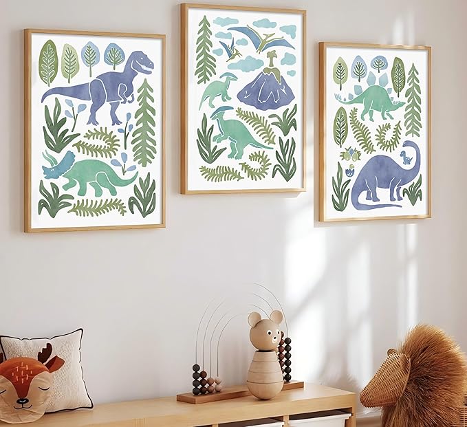 Baby Boys Nursery Wall Art Blue Green Dinosaur Pictures Wall Decor Stegosaurus T-Rex Triceratops Pterodactyl Posters Artwork Watercolor Dino Painting Canvas Prints for Kids Room Toddler Boy Room Decor
