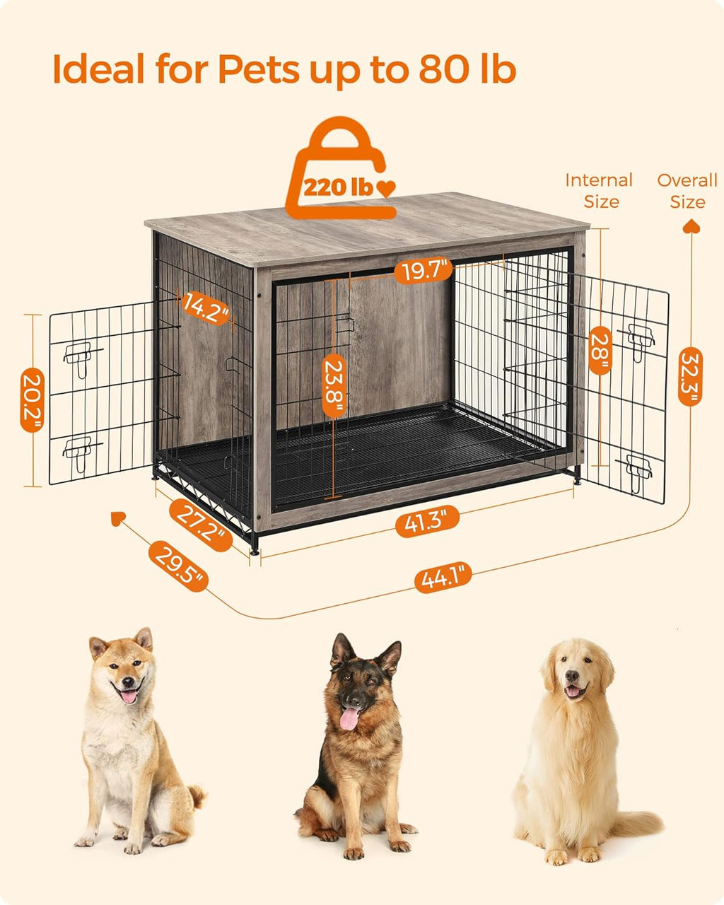 Feandrea Dog Crate Furniture, 44.1" Side End Table, Modern Kennel for Dogs Indoor up to 80 lb, Heavy-Duty Dog Cage with Multi-Purpose Removable Tray, Double-Door Dog House, Greige UPFC004G01