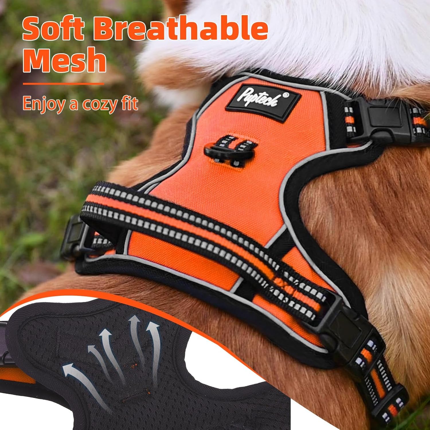PUPTECK No Pull Dog Harness Small Sized, Adjustable Reflective Dog Harness with Handle Easy Control, Comfortable Soft Padded Pet Vest Harness for Small Dogs, Orange S