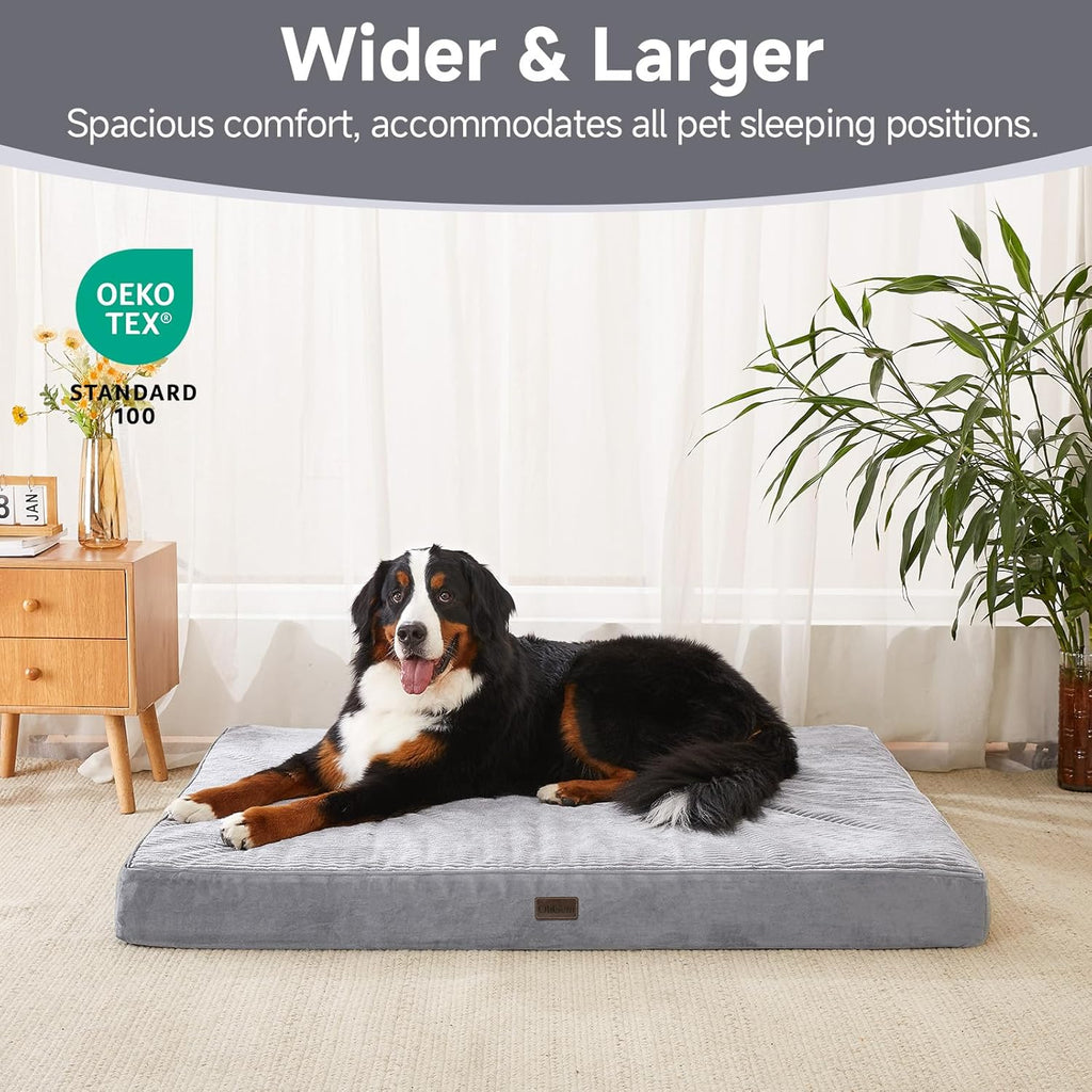 OhGeni Orthopedic Waterproof & Machine Washable Dog Bed for Extra Large Pets, Wider & Larger Size, Cat Mat with 25D Egg Crate Foam, Removable Cover & Invisible Zipper, 54 Inches(Gray)