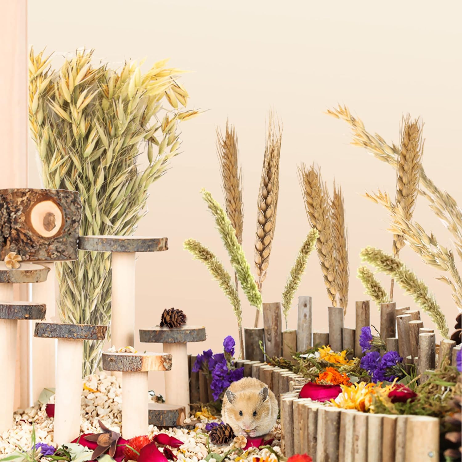 Natural Ear of Grain Flower&Herb Bedding Mate Habitat Decor, Adding Fun Hamster Accessories for Hamsters Gerbils Lemming