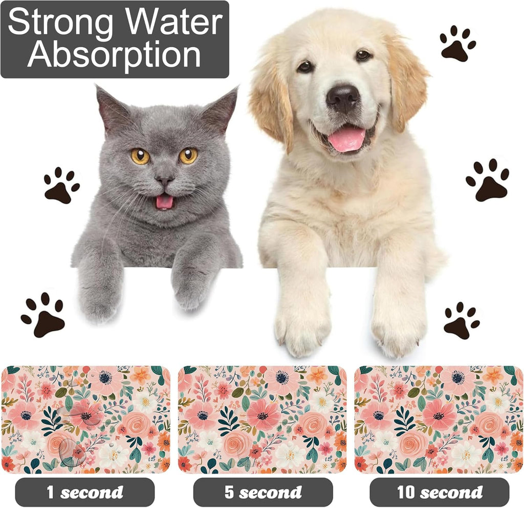 Boho Floral Pet Feeding Mat for Floors-Absorbent Dog Bowl Mat for Food and Water, Quick Dry Pet Cat Feeding Mats with Non Slip Bottom, Mess-Free Dog Accessories 16"x24"