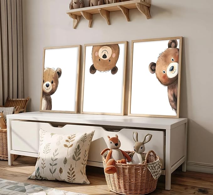 Framed Baby Bear Nursery Wall Art Peeking Bear Pictures Wall Decor Peekaboo Kids Room Decor Woodland Animal Posters Neutral Nursery Painting Canvas Print Artwork for Children's Baby Room Bedroom
