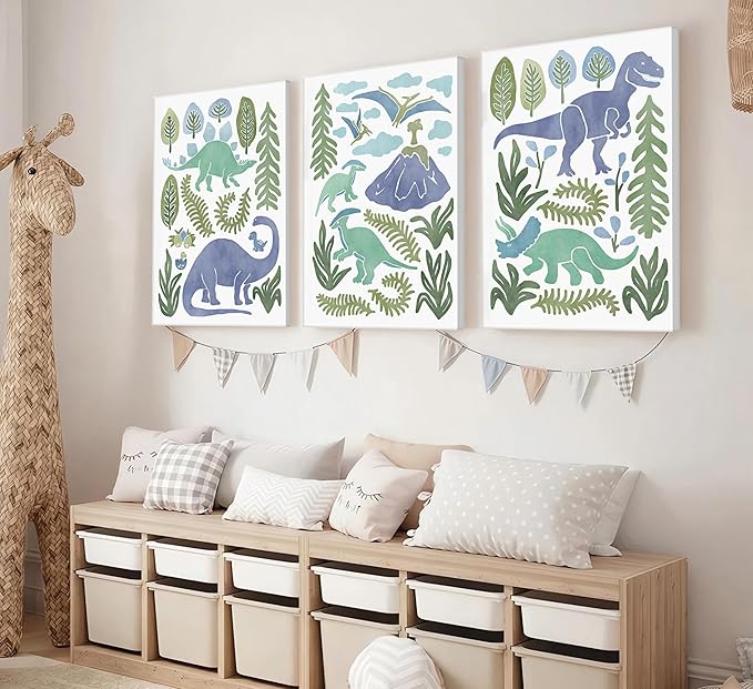 Baby Boys Nursery Wall Art Blue Green Dinosaur Pictures Wall Decor Stegosaurus T-Rex Triceratops Pterodactyl Posters Artwork Watercolor Dino Painting Canvas Prints for Kids Room Toddler Boy Room Decor