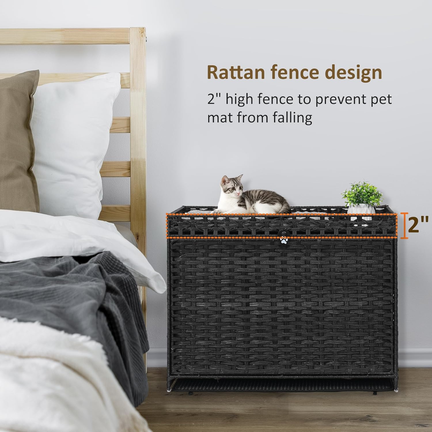 Cat Litter Box Enclosure with Soft Litter Mat; Hidden Cat Washroom Furniture with Door; Handwoven Rattan Cat House with Large Space; Pet Crate for Living Room, Bedroom, Balcony (Black)