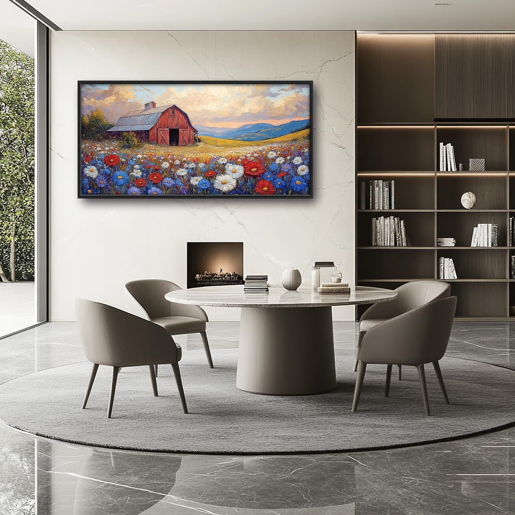 Large Farmhouse Barn Daisy Wall Art for Living Room, Floral Landscape Canvas Oversized Wall Decor, Flower Scenery Framed Pictures Painting Print Artwork for Bedroom Office 60"L x 30"W