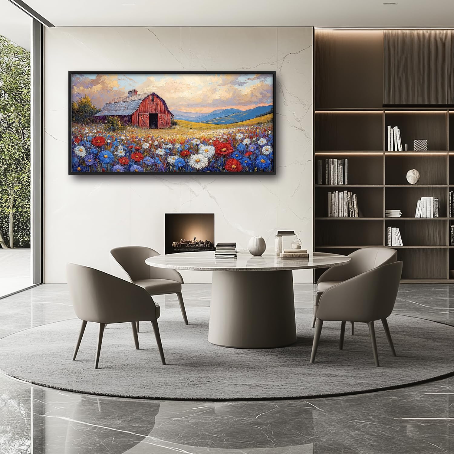 Large Farmhouse Barn Daisy Wall Art for Living Room, Floral Landscape Canvas Oversized Wall Decor, Flower Scenery Framed Pictures Painting Print Artwork for Bedroom Office 60"L x 30"W