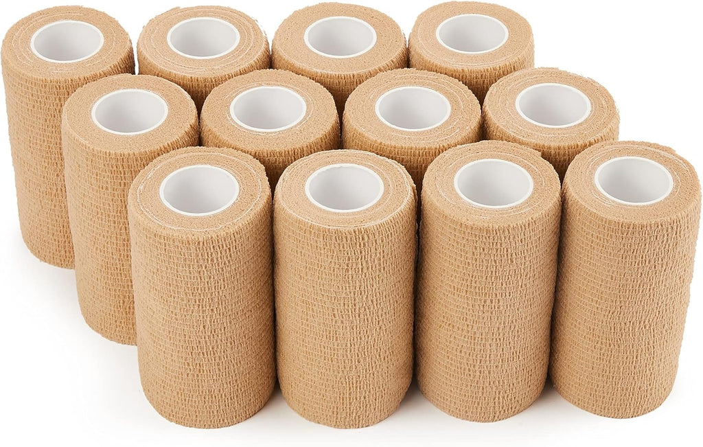 PHYTOP Self Adhesive Bandage Wrap 4 inches x 5 Yards, 12 Pack of Cohesive Tape for First Aid, Sports, Wrist and Ankle, Also for Horses & Dogs as Vet Wrap (Beige)