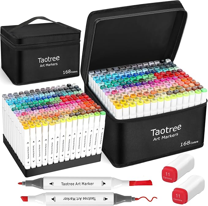 Taotree Alcohol Markers 168 Colors with Case & Holders, Dual Tips Art Coloring Markers Pens, Chisel & Fine Sketch Pens Art Supplies for Artist Kids Adult Coloring Books Drawing, Painting, Sketching
