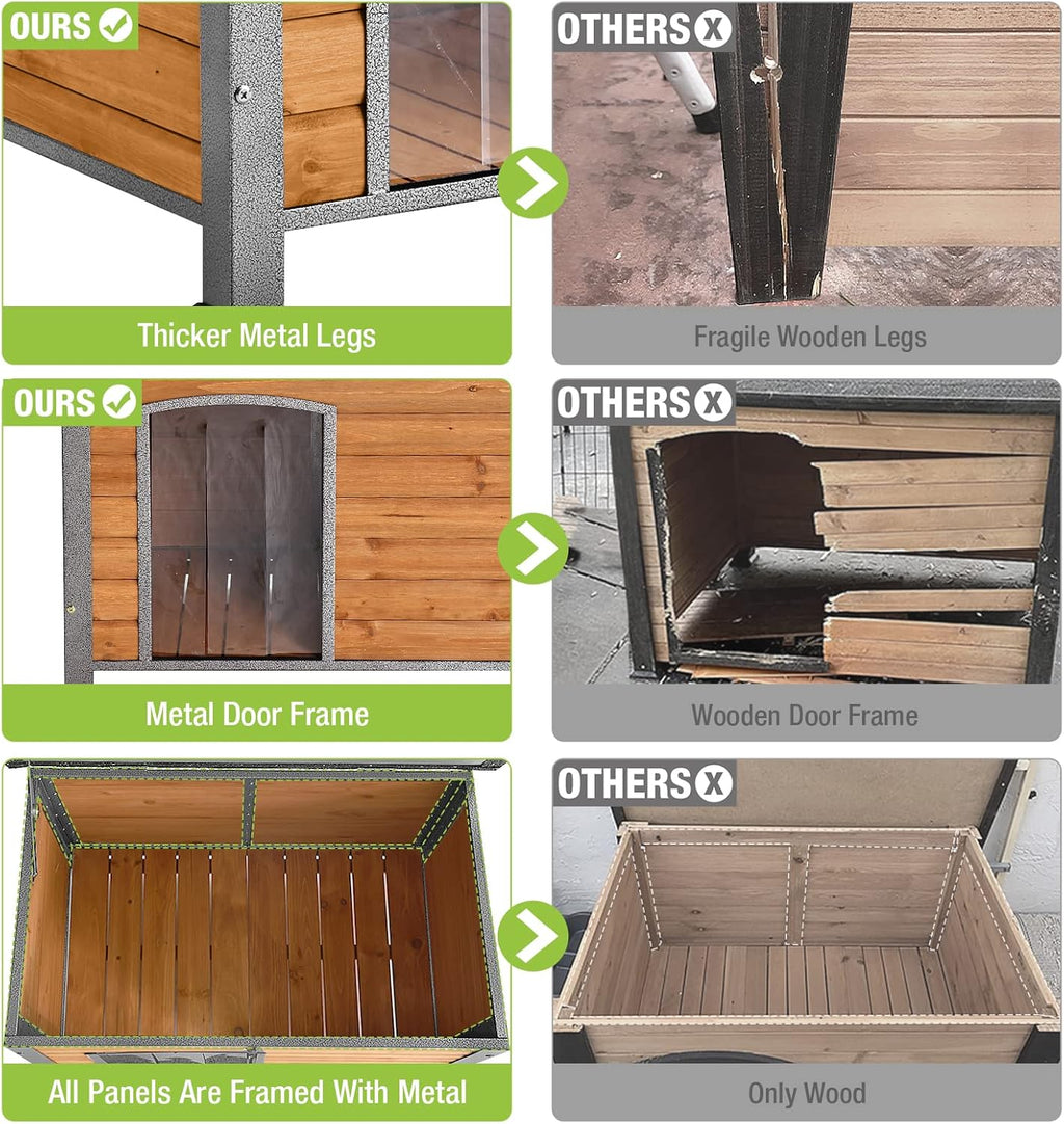 GUTINNEEN Chew Proof Dog House with Metal Iron Frame Outdoor Dog Kennel for Small Medium Large Indoor Dog Cage (33.5" L,Brown Color)