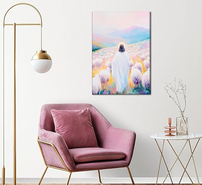 Pink Jesus Canvas Wall Art Christian Jesus And Lamb Shepherd Bible Stories Painting Picture Religious Beliefs Poster Print Artwork for Living Room Bedroom Church Home Decoration