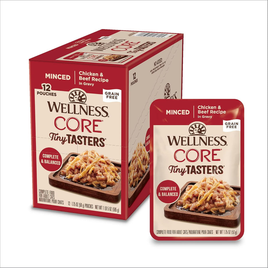 Wellness CORE Tiny Tasters Minced Adult Wet Cat Food, Natural, Protein-Rich, Grain Free, 1.75-Ounce Pouch, 12 Pack, (Chicken & Beef)