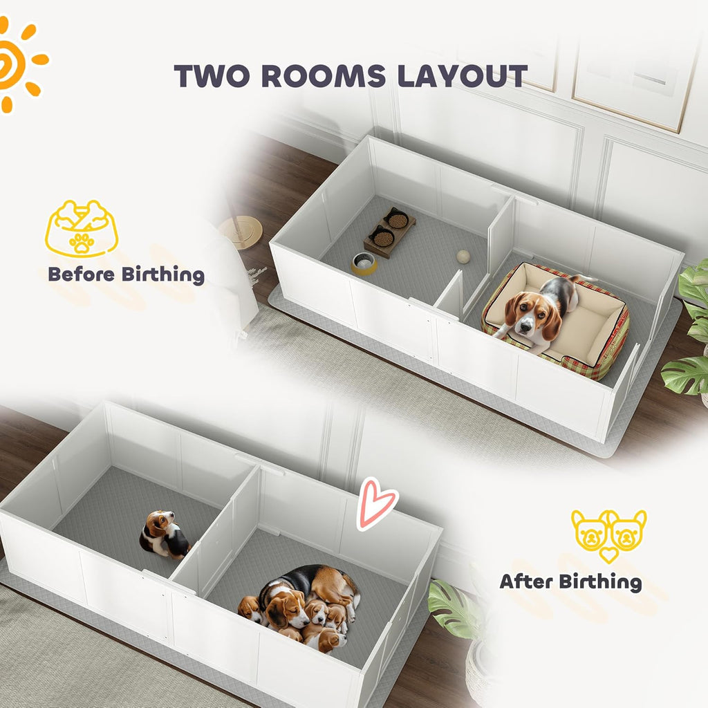 PawHut Whelping Box for Dogs and Puppies, Whelping Pen with Washable Waterproof Pee Pad & Adjustable Door for Medium and Small Dogs, White, 77" x 38" x 19"