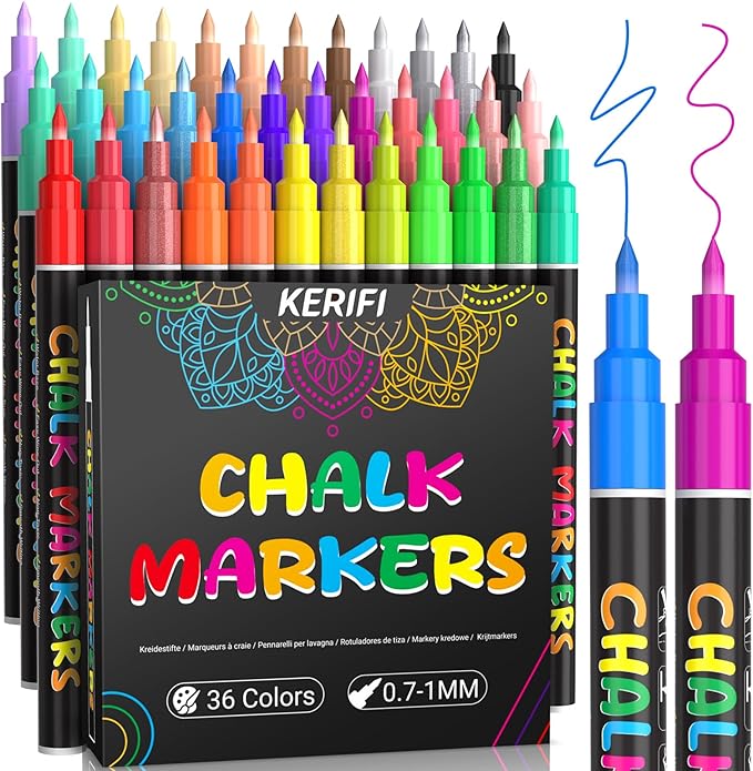 KERIFI Liquid Chalk Markers Fine Tip 1.0 mm, 36 Colors Wet Erase Makers for Calendar Chalkboard, Erasable Chalk Pens for Blackboard, Dry Erase Board, Bistro Menu, Wedding Signs, Glass Window Decor