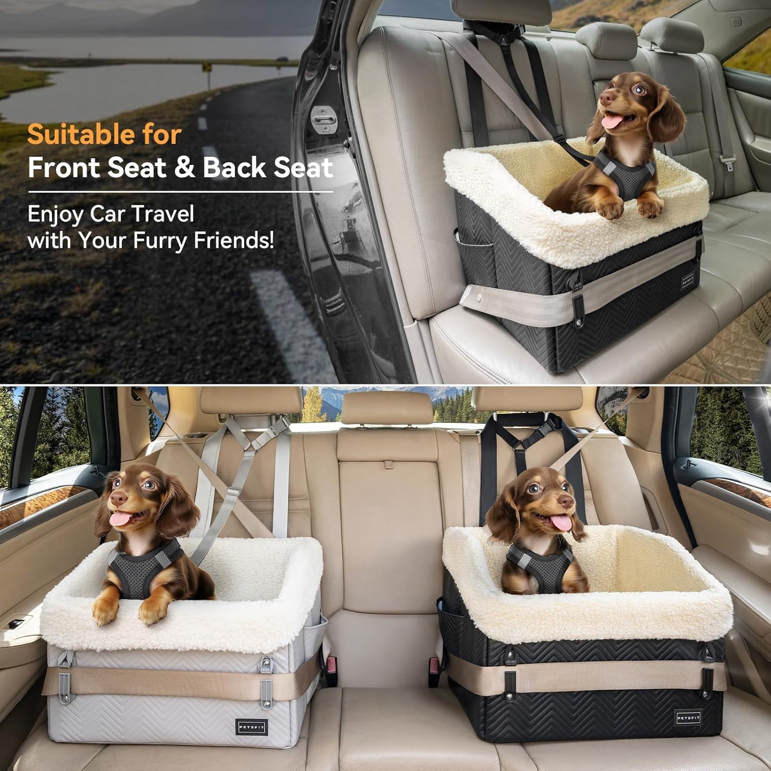 PETSFIT Small Dog Car Seat, Waterproof PU Leather Dog Booster Car Seat with Patented Safe Buckles, Detachable Dogs Seat Belt for Car, Dog Car Seat Medium Sized Dog up to 30 lbs (Black)