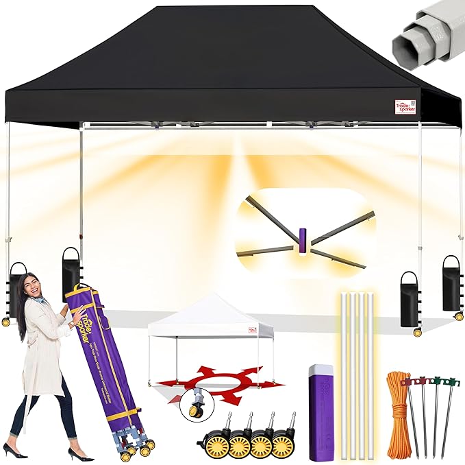 Tradesparker 10x15 Pop Up Canopy Tent,Commercial Movable Canopy with ApexCore LED & Rugged Casters-Instant Easy Setup Shelter Canopies with Weight Bags & Stakes for Oudoor Events Markets Vendors,Black