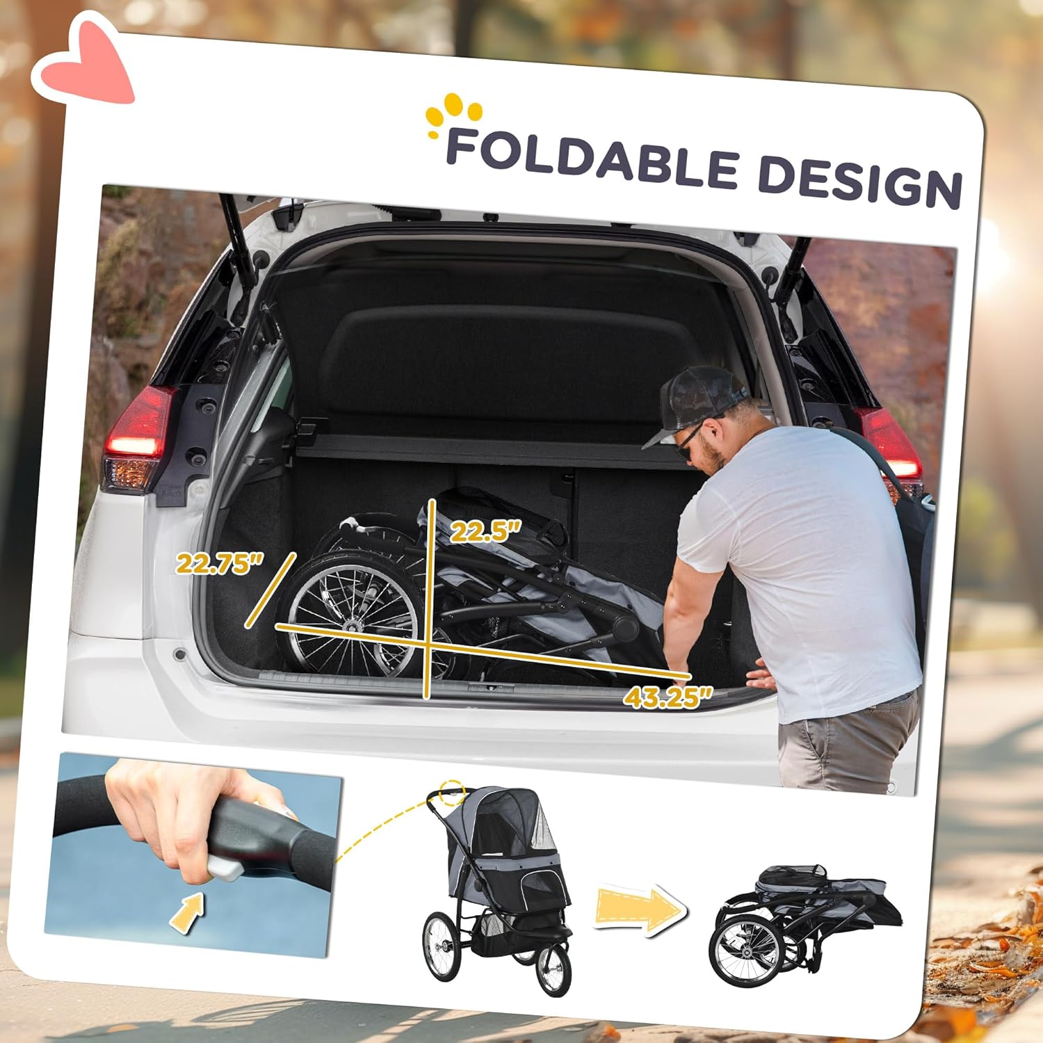 PawHut 3 Wheels Pet Stroller for Small and Medium Dogs, Foldable Cat Stroller Jogger with Adjustable Canopy, Safety Tether, Cushion, Storage Basket, Gray