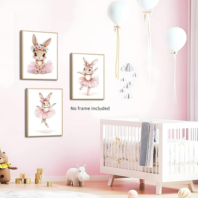Kusag Baby Girl Nursery Posters Wall Decor, Easter Nursery Canvas Wall Art Paintings Set of 3, Cute Animal Pink Bunny Prints Pictures for Boys and Girls Room, Bedroom, Home Decor 16x24 In Unframed