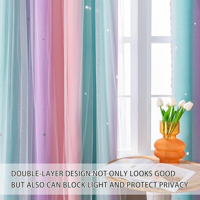 XiDi Blackout Curtains 90 Inches Long for Girls Bedroom, Room Darkening Grommet Window Ombre Curtains 2 Panel Sets, Kids Unicorn Princess Theme Decor Colorful Rainbow Design Pink/Purple/Green 52x90