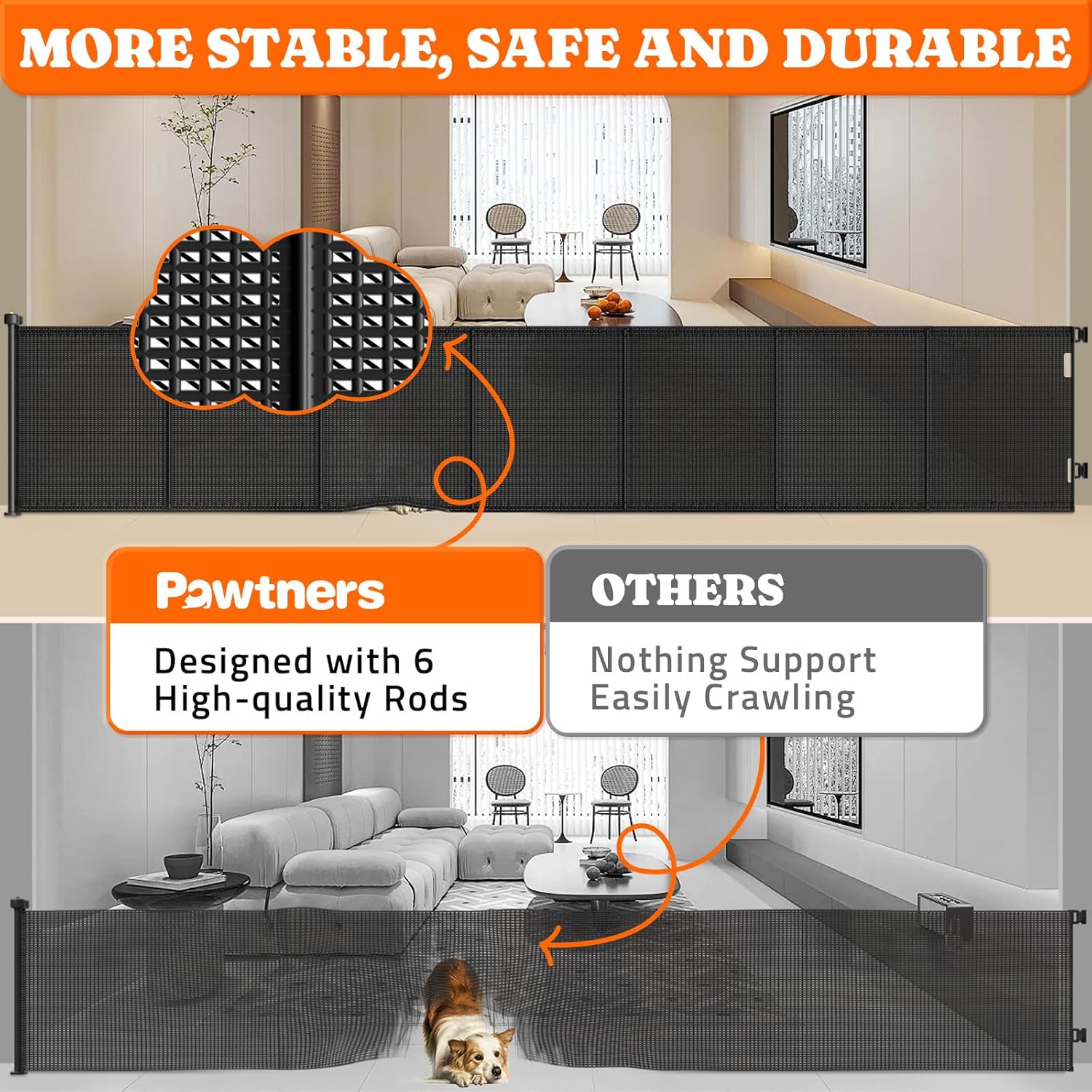 Pawtners Retractable Baby Gates Extra Wide, 41" Tall Extends up to 120" Wide, Dog Gate Indoor for Stairs, Pet Gate with Support Rods for Doorways Hallways Indoor & Outdoor-Black