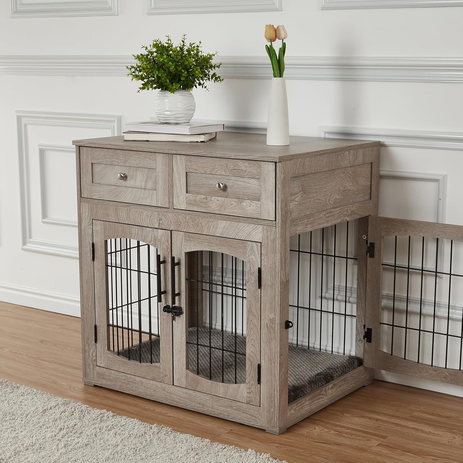 Dog Crate Furniture for Medium Dogs, Wooden Dog Kennel Indoor with Double Doors, Dog Cage with Cushion & Drawers, Dog House Side End Table for Small Medium Dogs up to 45 lb, 31.5” L, Grey