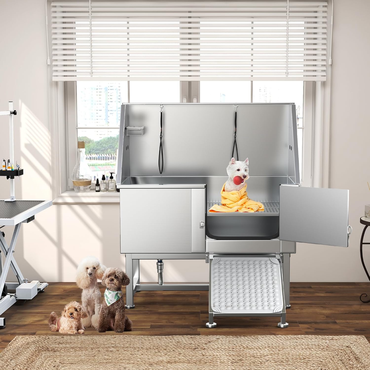 YITAHOME Dog Grooming Bathtub, Professional Stainless Steel 304 Dog Bathing Station w/Right Ramp, Faucet, Floor Grate, 50in Pet Washing Station for Large, Medium, Small Pets