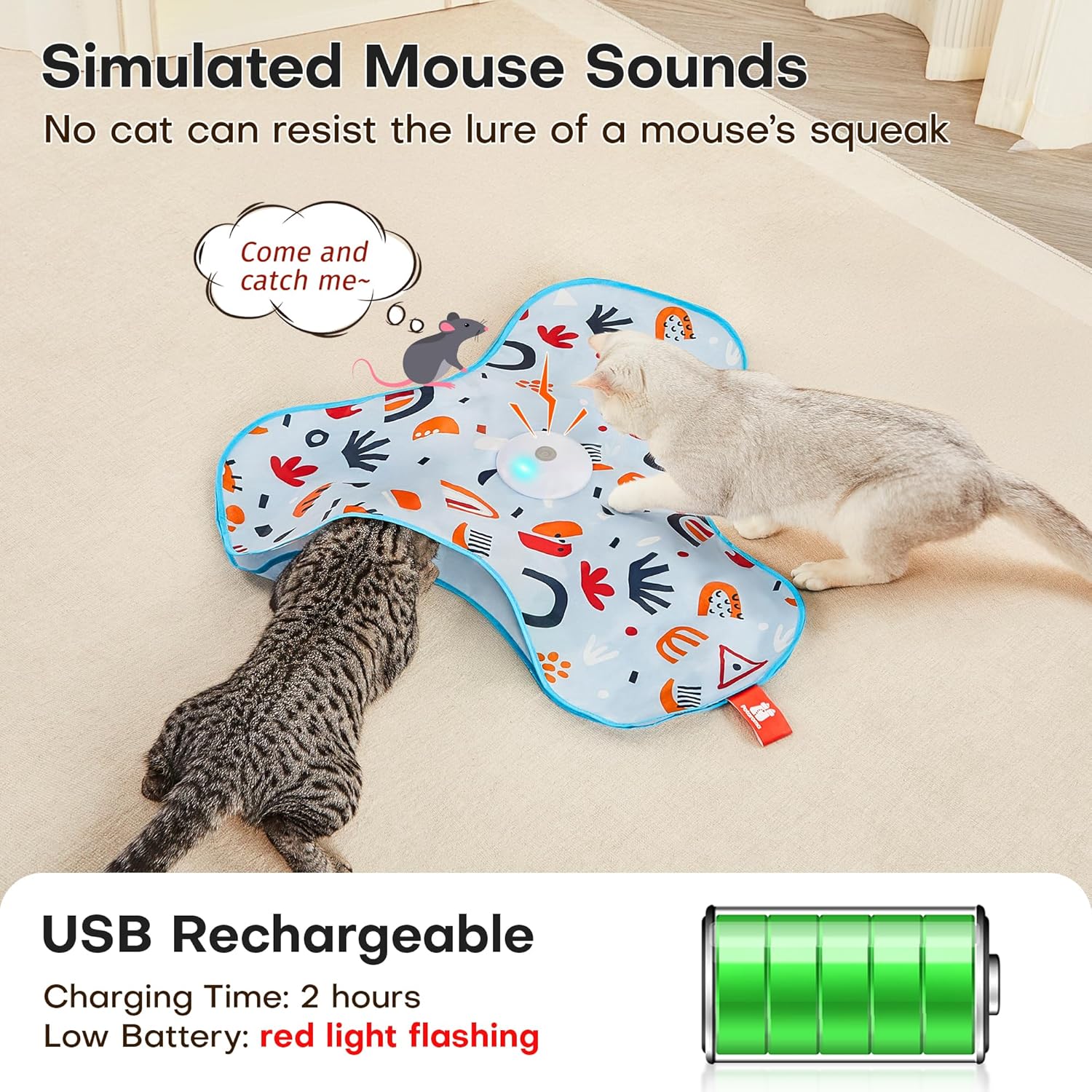 Potaroma Hide and Seek Interactive Cat Toys, Moving Concealed Wand Feather, Automatic Chargeable Indoor Kitten Exercise Kicker, Mouse Squeaky, Floral Cover