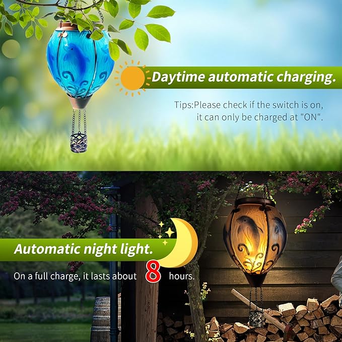Glass Solar Hot Air Balloon Lantern with Flame Hanging Garden Flickering Light Outdoor Waterproof for Yard Patio Tree Mother's Day Gift, Dolphin