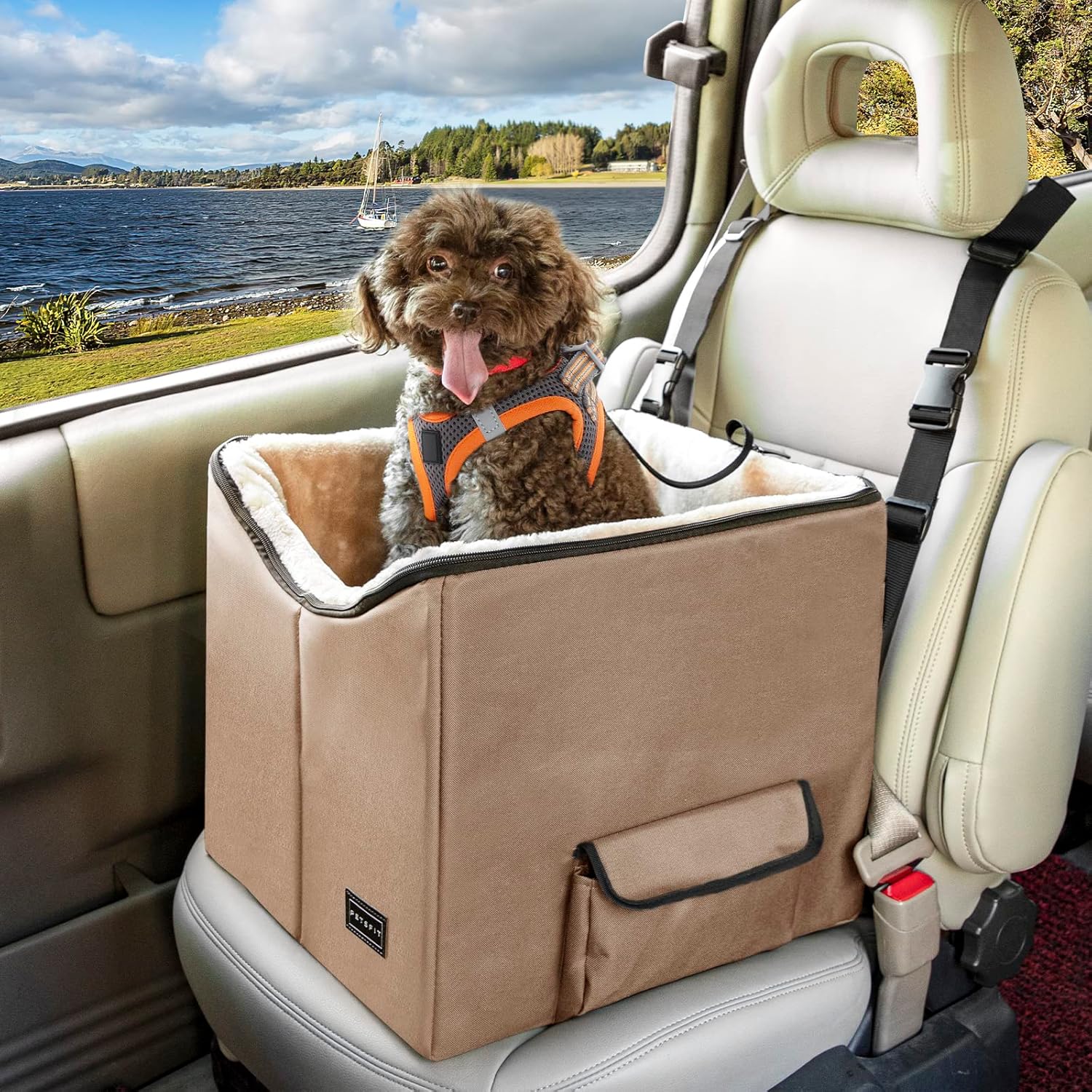 Petsfit Dog Booster Seat, Washable Pet Car Booster Bucket Seat with Portable Carrying Case for Puppy, Cats, Small Dogs (Small, Tan)
