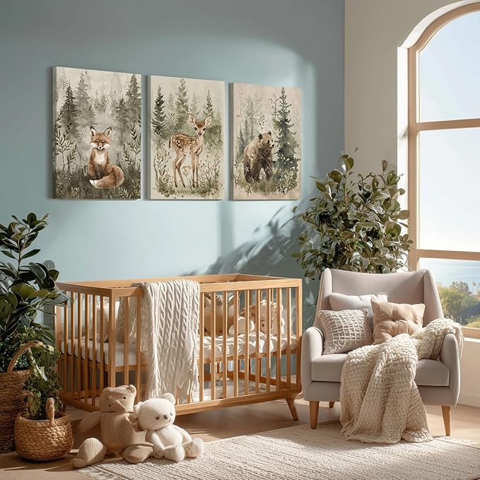kilamino Framed Woodland Animal Nursery Wall Art, Cute Fox Bear Deer Wall Decor, Neutral Wildlife Animal Art Prints, Funny Nature Forest Animal Canvas Paintings for Baby Room Playroom 12"x16"x3