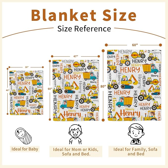 Personalized Baby Blankets for Boys, Custom Name Blanket Birthday Gift for Kid, Soft Flannel Blanket with Dotted Backing for Infants Toddlers, Customized Gifts, Yellow Truck(47" x60)