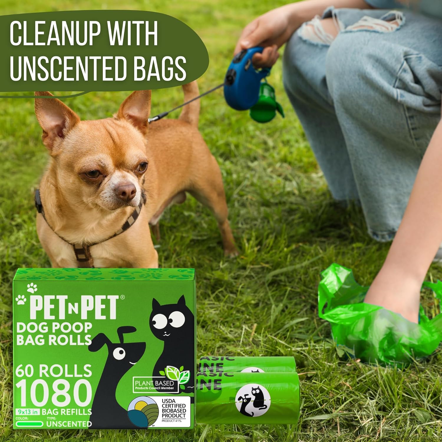 Pet N Pet 1080 Counts Green Poop Bags for Dogs, 41% Plant Based & 59% PE Extra Thick Dog Poop Bags Rolls, 9" x 13", Unscented Pet Waste Bag
