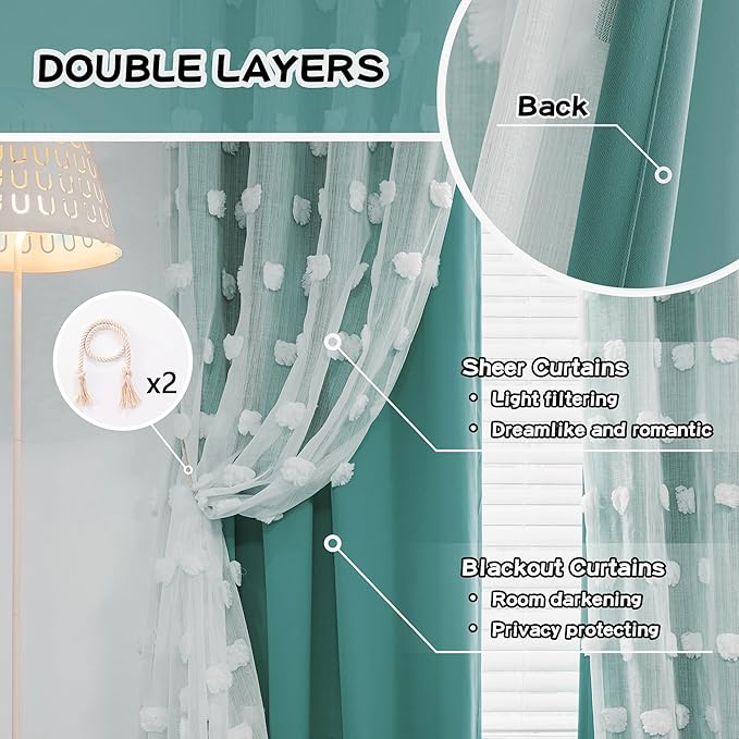 MYSKY HOME Room Darkening Curtains White Sheer Pom Pom Curtains for Living Room Teal Blackout Curtains for Sliding Door Decor Drapes Double Layer Window Panels Boys Bedroom Grommet Set of 2 W52 X L95