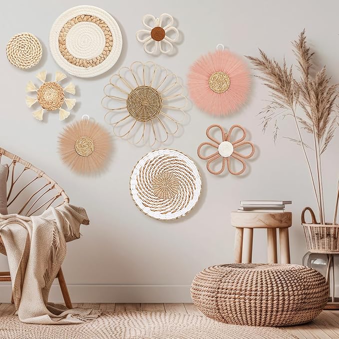 Chunful 9 Pcs Boho Nursery Wall Decor Daisy Flower Woven Macrame Seagrass Rattan Basket Wall Hanging Bohemian Decorations Gifts for Home Dorm Art Farmhouse Bedrooms Living Room(Pink Brown)