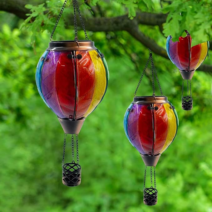 Glass Solar Hot Air Balloon Lantern with Flame Hanging Garden Flickering Light Outdoor Waterproof for Yard Patio Tree Mother's Day Gift, Colorful