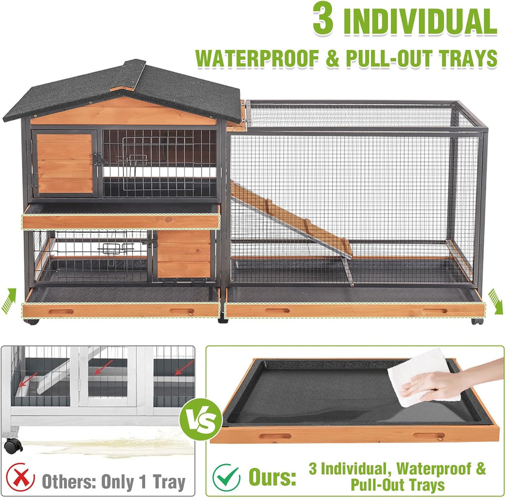 GUTINNEEN 2-Story Rabbit Hutch with Chew-Proof Full Metal Frame for Indoor/Outdoor - 62" Bunny Cage with 6 Locking Casters & 2 Pull-Out Trays for Rabbits, Guinea Pigs, Small Pets (Brown)