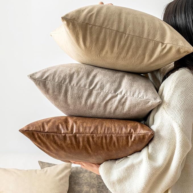 Oversized Neutral Decorative Leather Pillow Cover Pack of 2, - Image 3