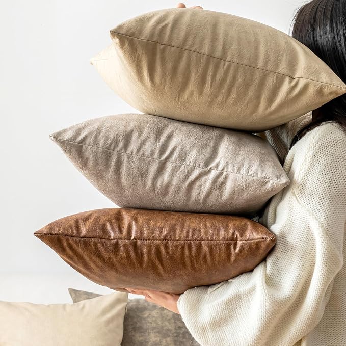 Neutral Decorative Faux Leather Pillow Covers, - Image 7