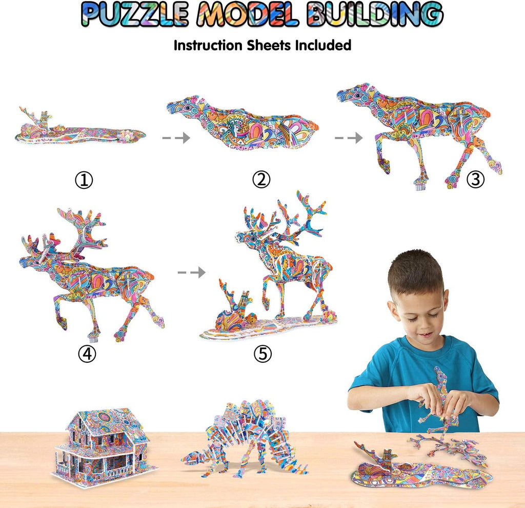 BEARUN 3D Coloring Puzzle Set, Arts and Crafts for Girls and Boys Age 6 7 8 9 10 11 12 Year Old, Fun Educational Painting Crafts Kit with Supplies for Kids, Birthday Toy Gift for Kids