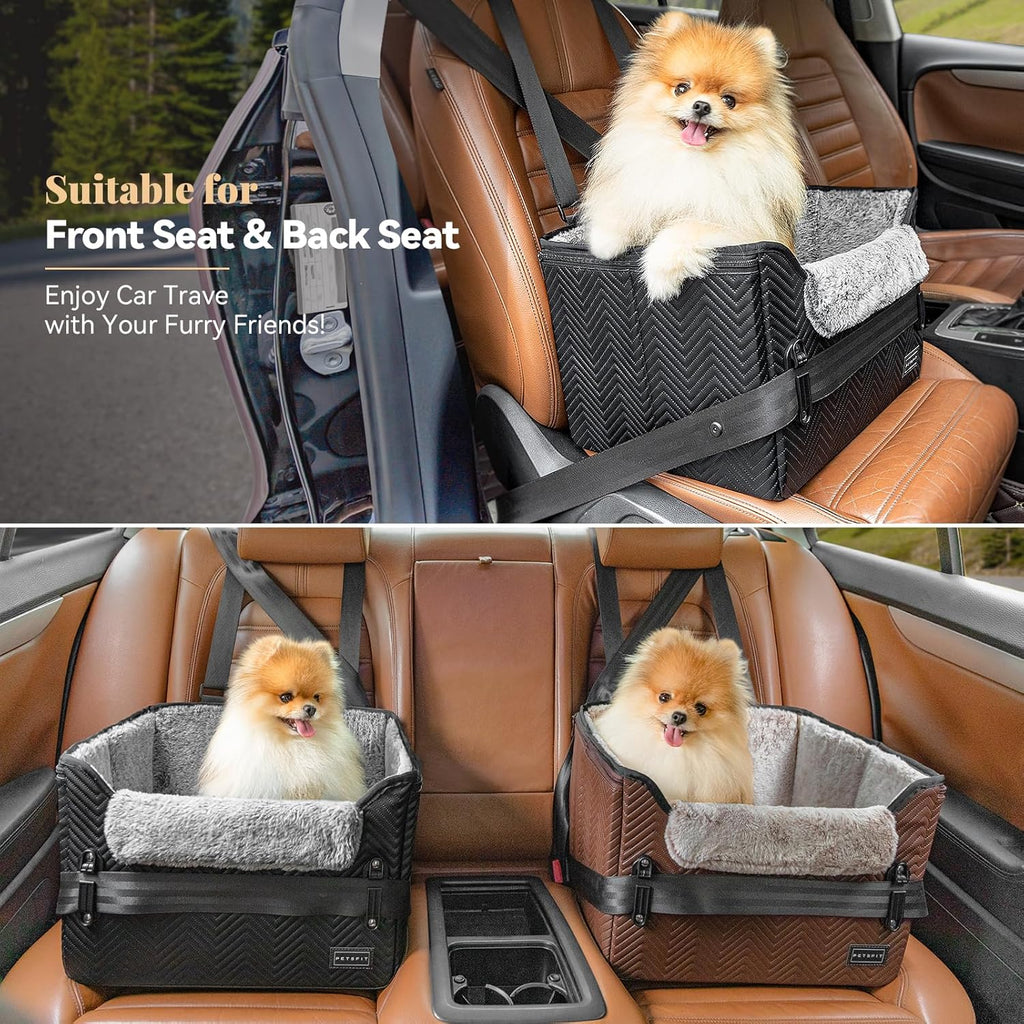 PETSFIT Small Dog Car Seat, Waterproof PU Leather Dog Carseat with Patent Safe Buckles, Clip-On Leash, Car Seat for Dogs, Cats Up to 25 lbs (Glossy Black)